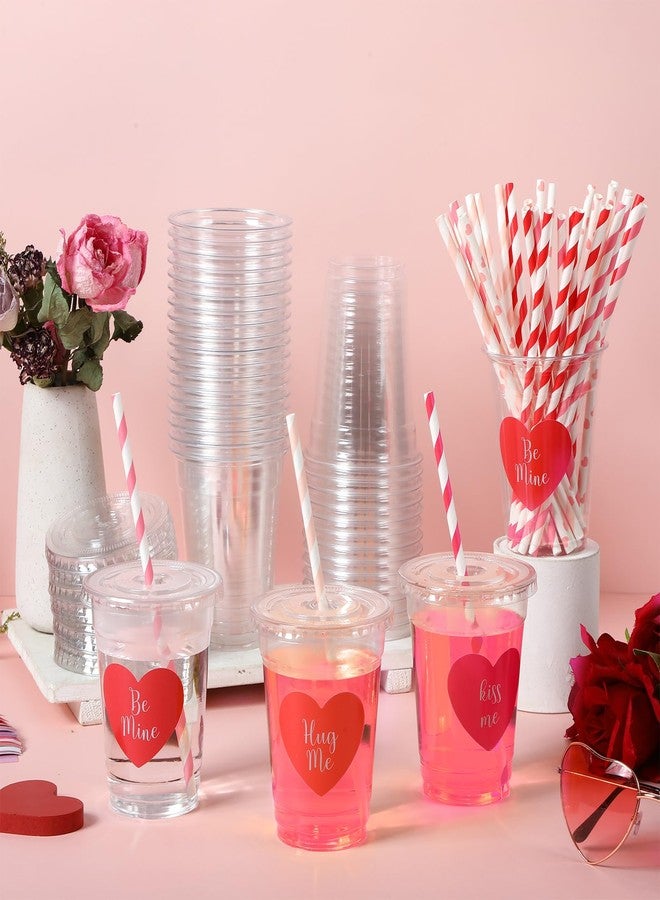 SiliFine 36 Sets Valentines Day Party Cups with Lids and Straws Heart Stickers Plastic Clear 12oz Valentine's Day Disposable Cups for Coffee Juice Drinks Valentines Party Supplies - Image 3